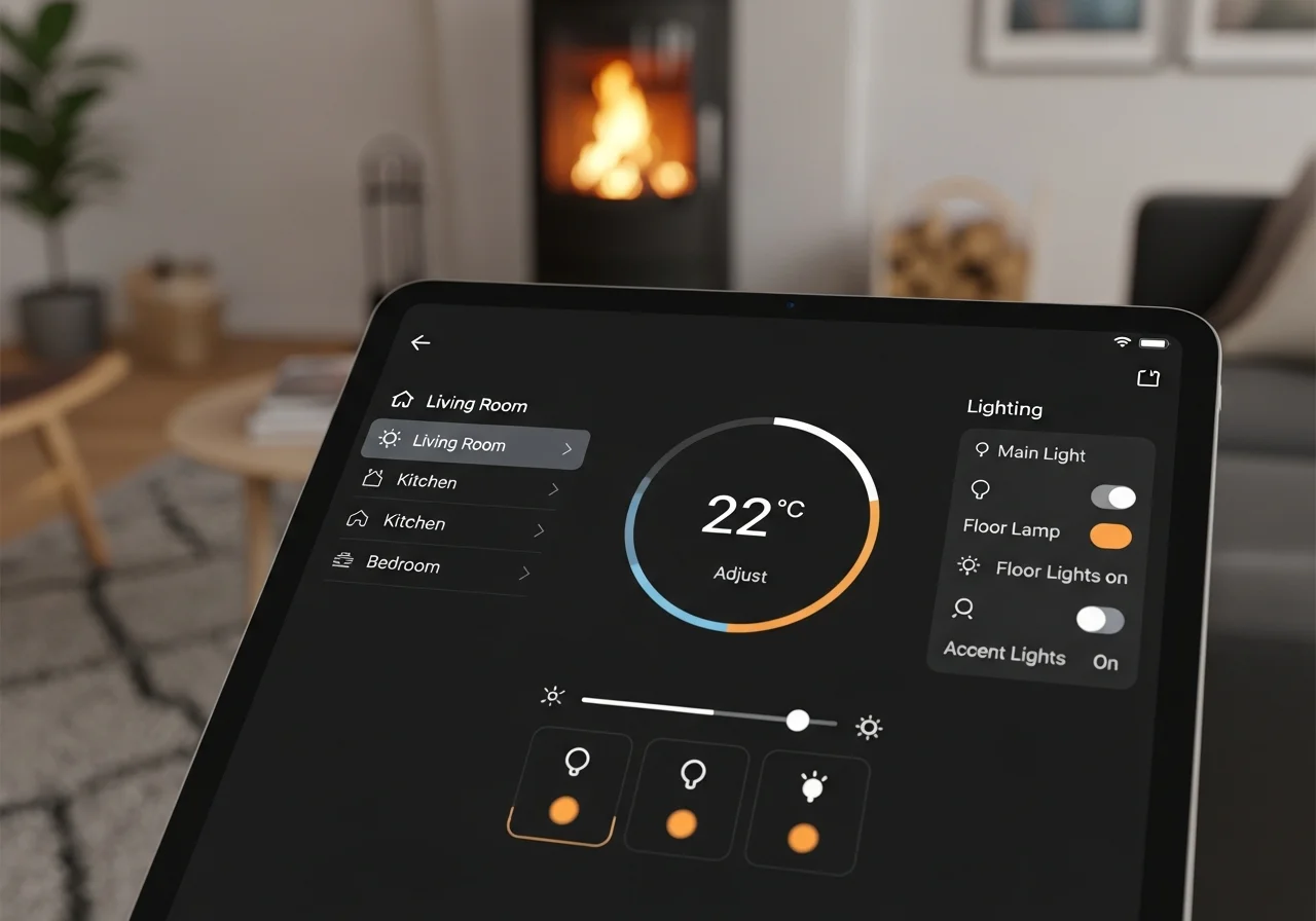 Tablet der styrer smart home funktioner i en hyggelig stue